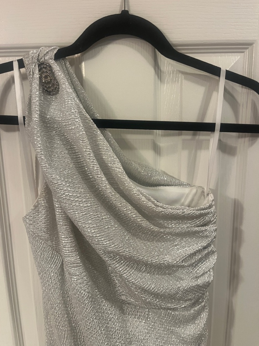 Betsy & Adam Metallic Silver One-Shoulder Draped Cocktail Dress